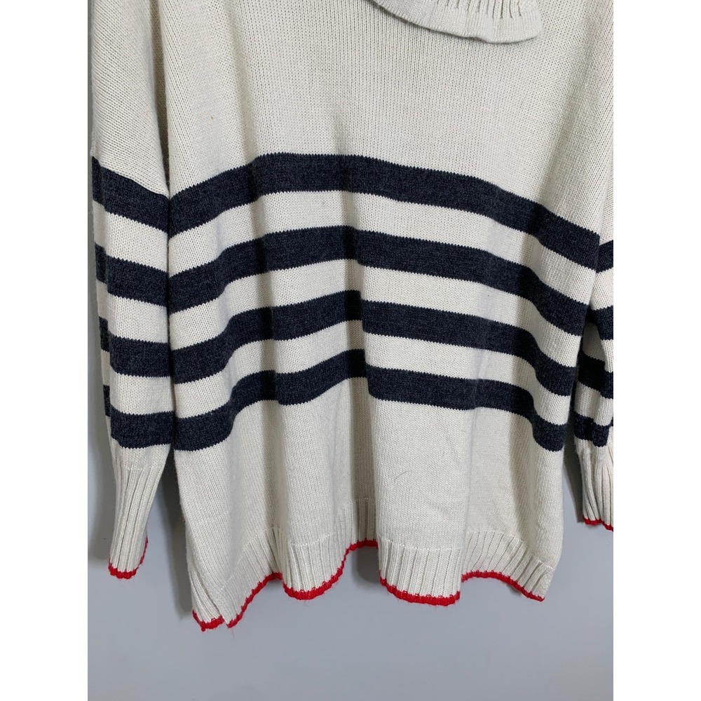 Mersea Striped Cowl Neck Sweater Women OS Cream Navy Red‎ Scallop Trim Oversized - Picture 6 of 11